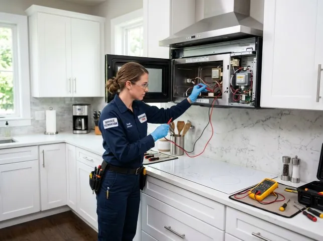 Appliance Repair Hero technician testing an over-the-range microwave in a Avoca, AR kitchen